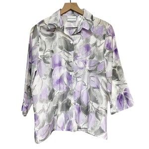 Alfred Dunner Womens Size 10 Petite Purple Gray Floral Sheer Button Down Shirt
